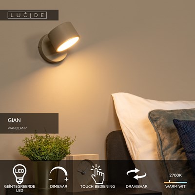 Lucide GIAN - Wandlamp - LED Dimb. - 1x9W 2700K - Taupe